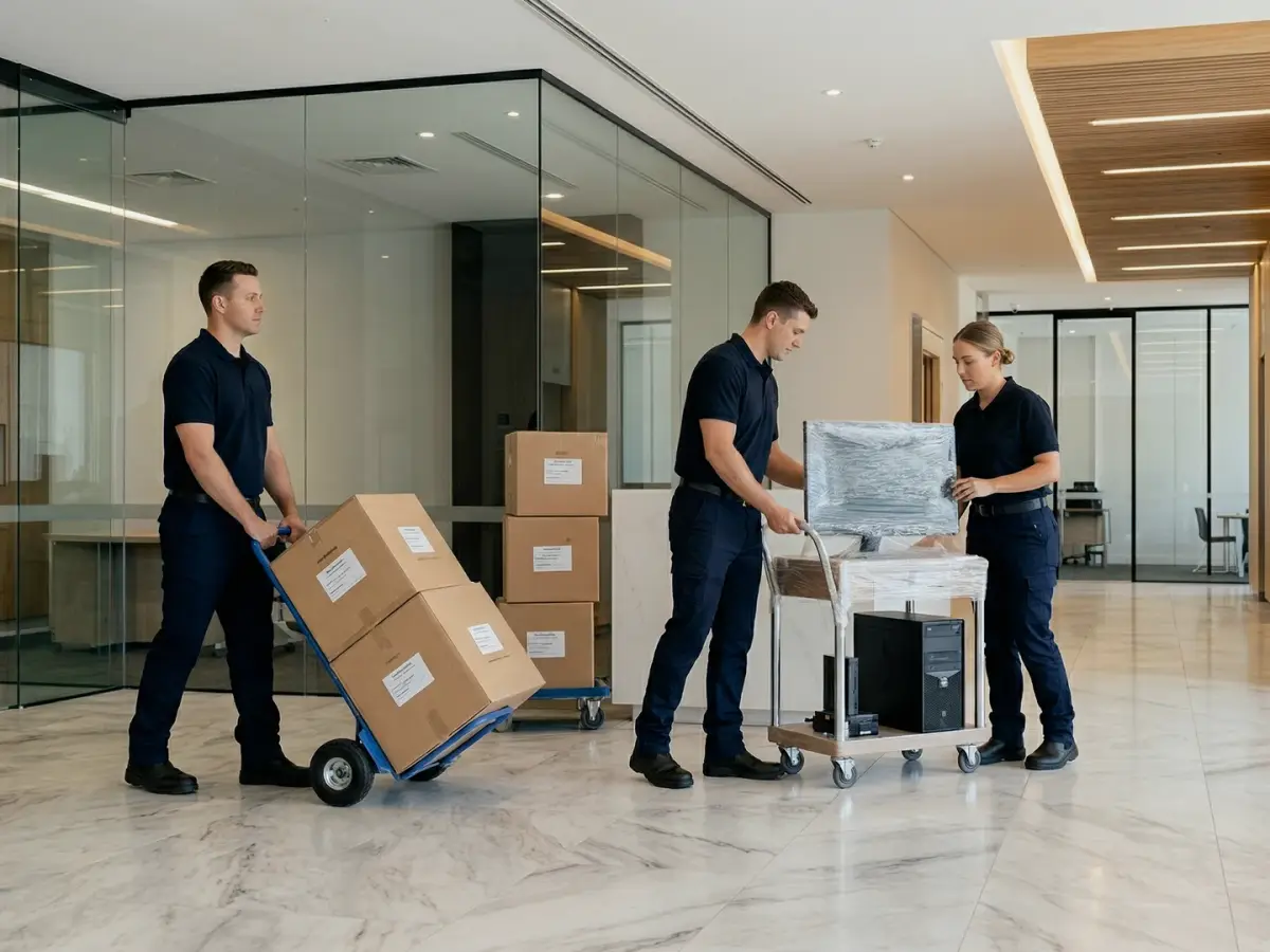 Removal team using trolleys to move protected furniture and labelled boxes through a commercial building